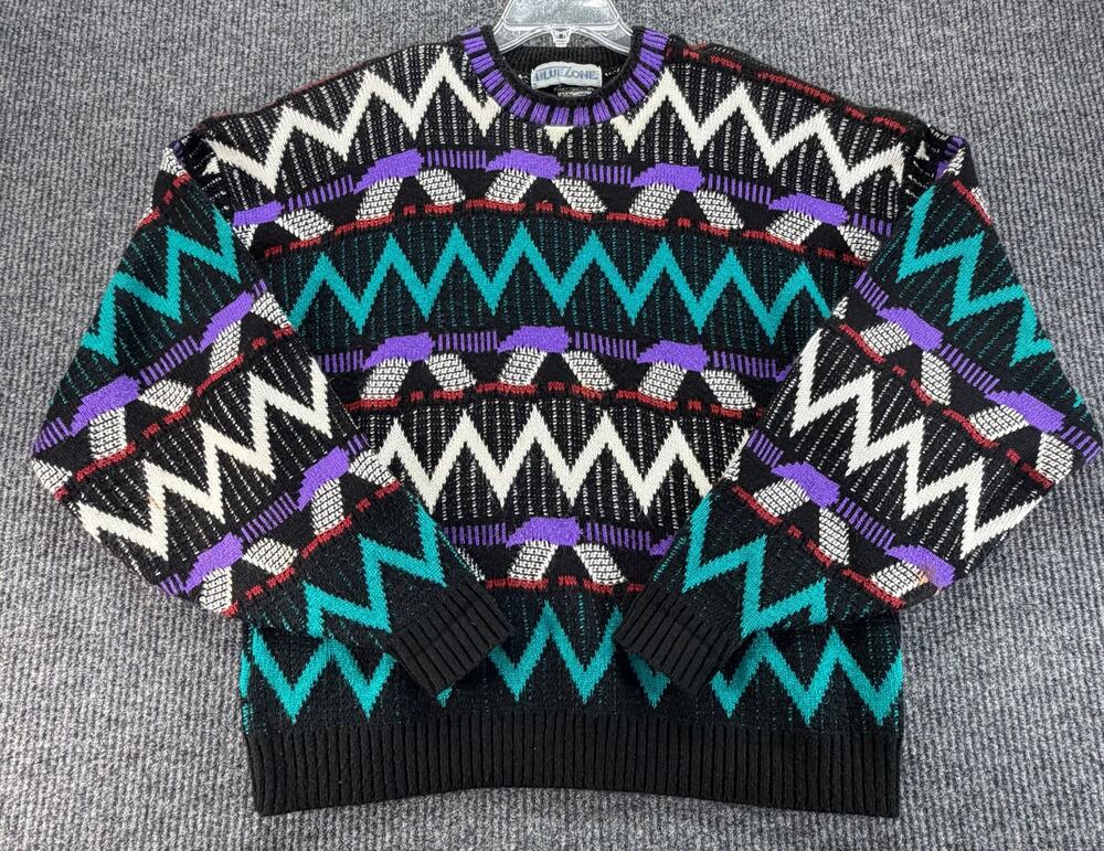 Vintage Blue Zone USA Sweater Mens L Black Coogi Style Geometric 90s Acrylic